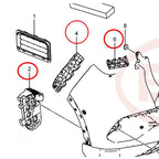 Exploded diagram of black plastic automotive interior trim components and assembly parts.