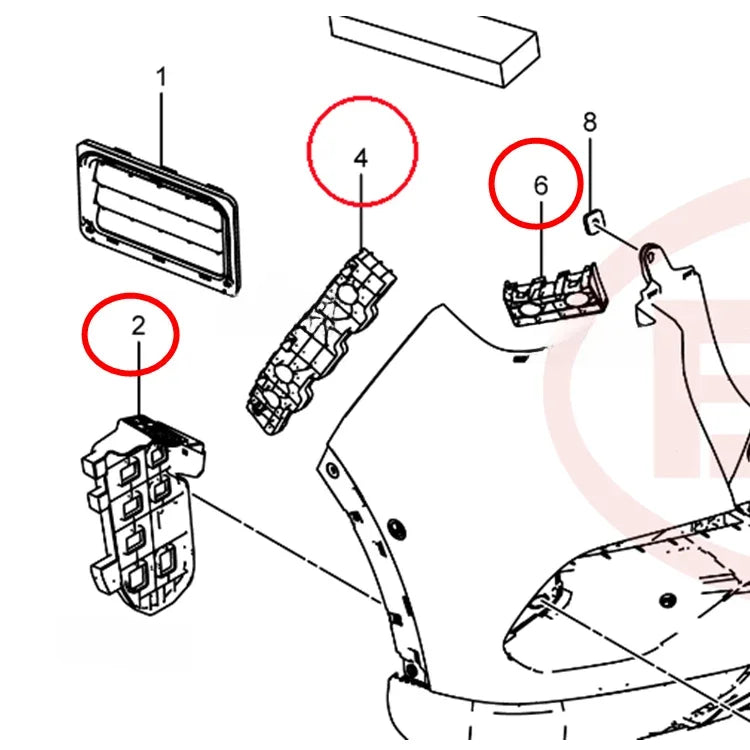 Exploded diagram of black plastic automotive interior trim components and assembly parts.