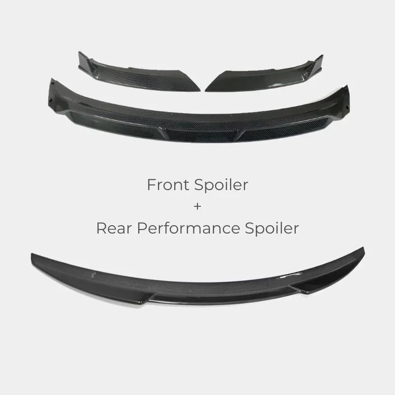 Black carbon fiber front spoiler and rear performance spoiler set for BYD accessories.