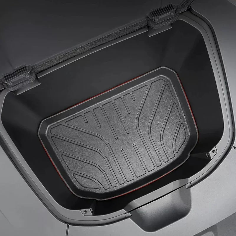 Black textured TPE trunk mat with red edge stitching for BYD cargo protection.