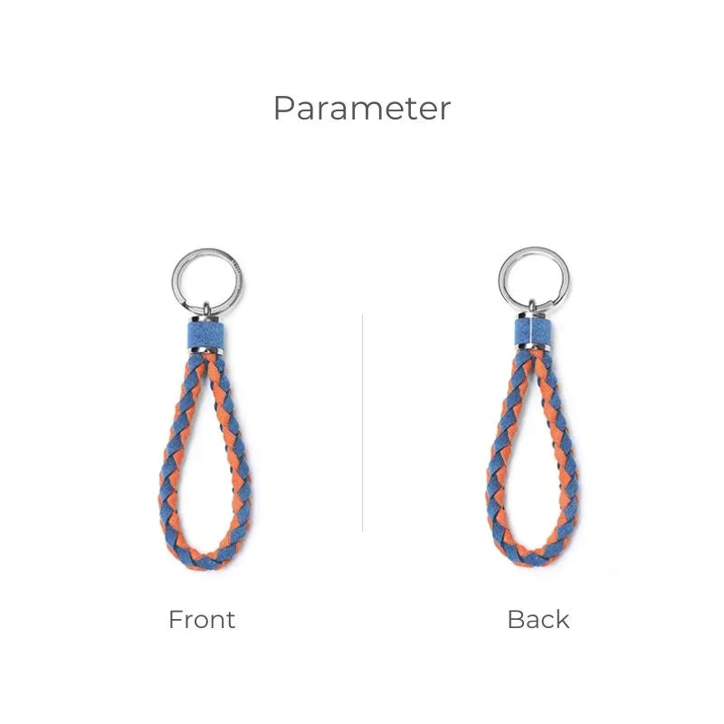 Braided blue and orange leather key fob with a silver metal ring, showing front and back views.