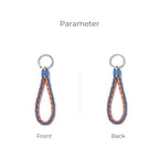 Braided blue and orange leather key fob with a silver metal ring, showing front and back views.