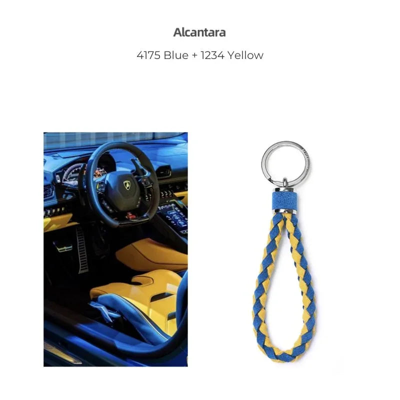 Braided Alcantara keychain in premium blue and yellow colors for car key accessories.