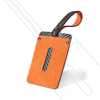 Orange and carbon fiber patterned leather luggage tag with a durable strap.