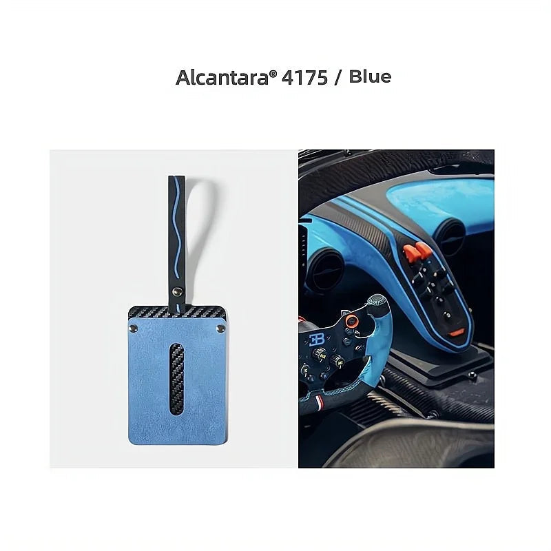 Blue Alcantara car interior trim with carbon fiber texture accents.