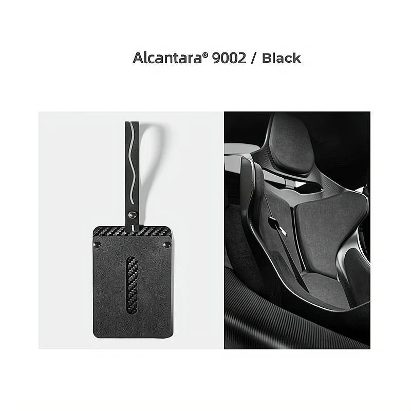 Black Alcantara 9002 car seat cover featuring premium textured fabric and carbon fiber accents.