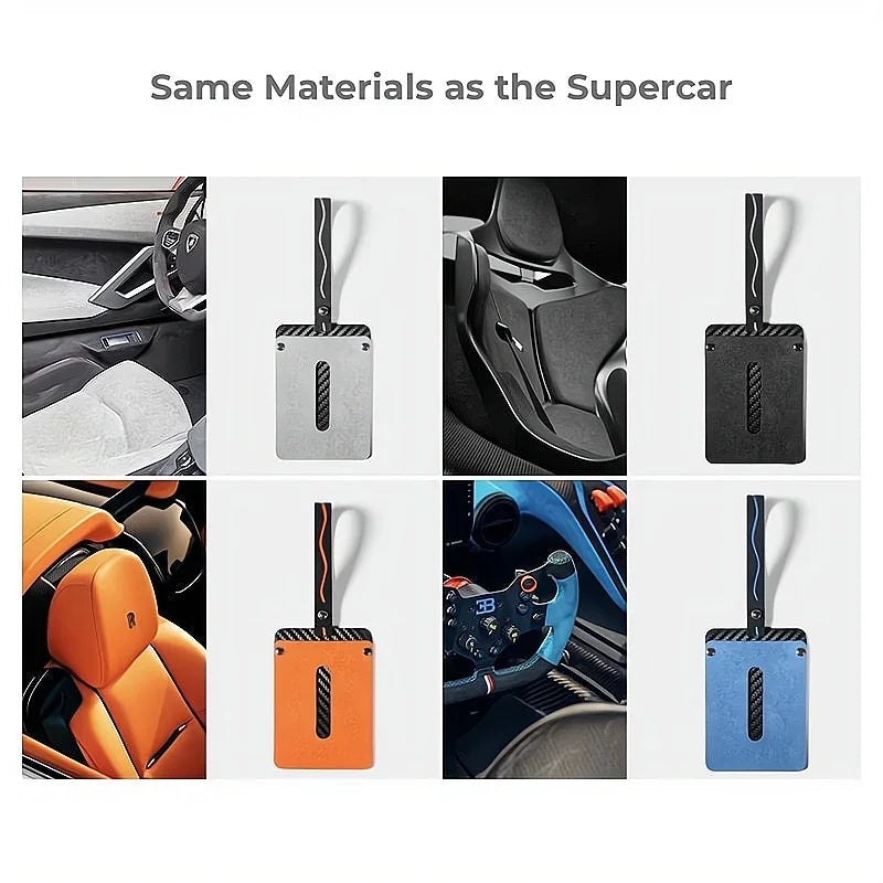 Premium carbon fiber texture car key fob covers in silver, black, orange, and blue.