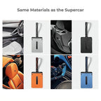 Premium carbon fiber texture car key fob covers in silver, black, orange, and blue.