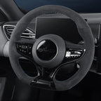 Black suede steering wheel cover with blue contrast stitching for BYD interior protection.
