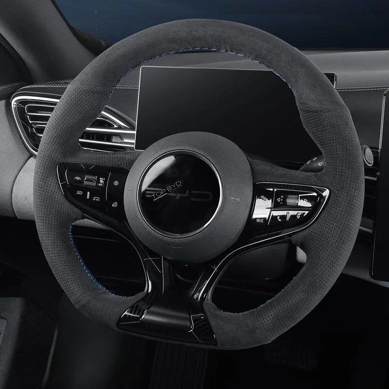 Black suede steering wheel cover with blue contrast stitching for BYD interior protection.