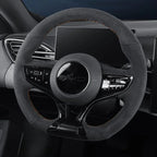 Black suede steering wheel cover with orange contrast stitching for BYD interior protection.