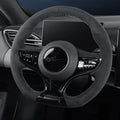 Black Alcantara steering wheel cover with vibrant green contrast stitching for BYD.