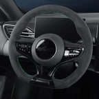 Black Alcantara steering wheel cover with vibrant green contrast stitching for BYD.