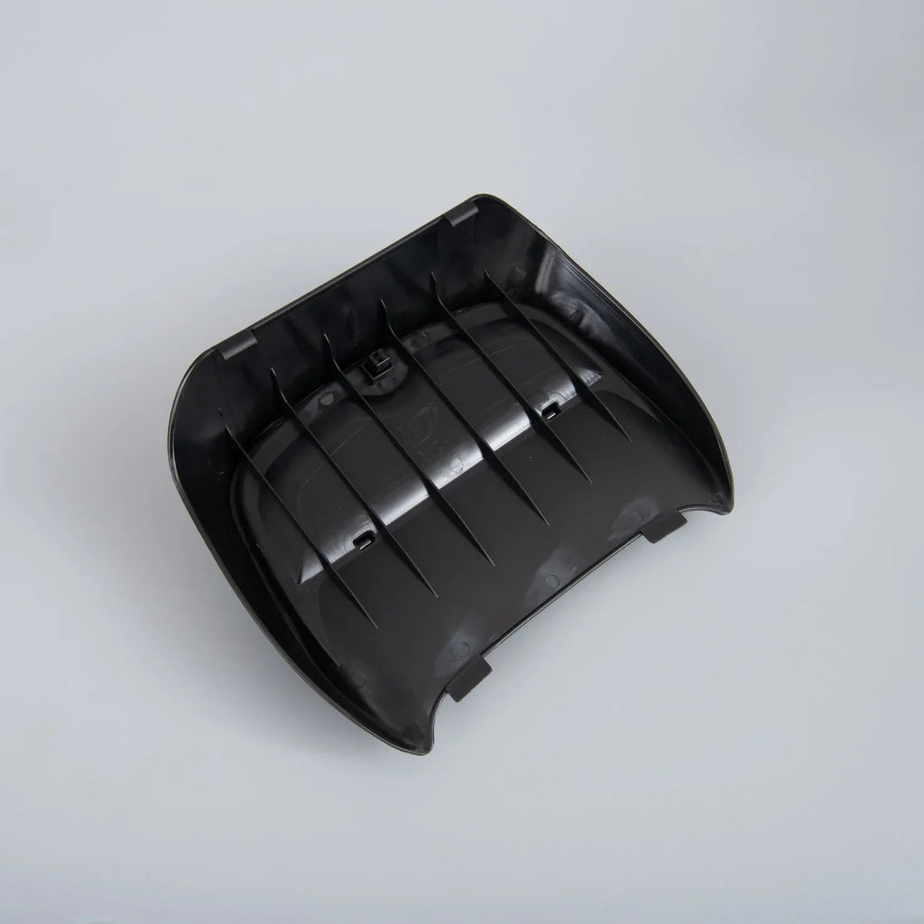 Durable black ABS plastic automotive interior trim cover with reinforced structural ribbing.