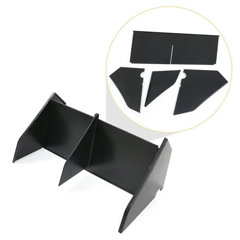 Black durable plastic car trunk organizer dividers, including disassembled and assembled views.