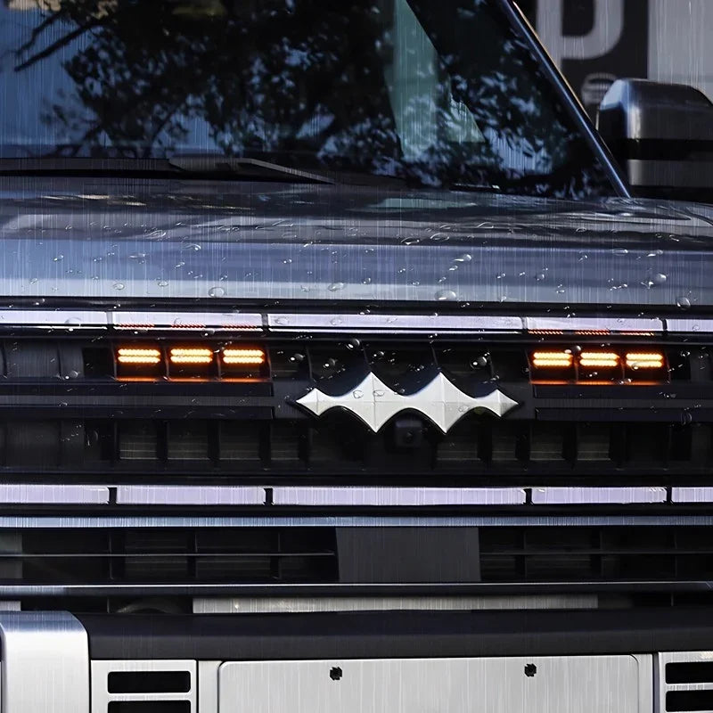 Silver metallic bat-wing emblem accessory mounted on a dark grey vehicle grille.