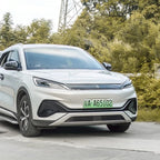 Silver BYD electric SUV featuring sleek aerodynamic design and modern front grille styling.