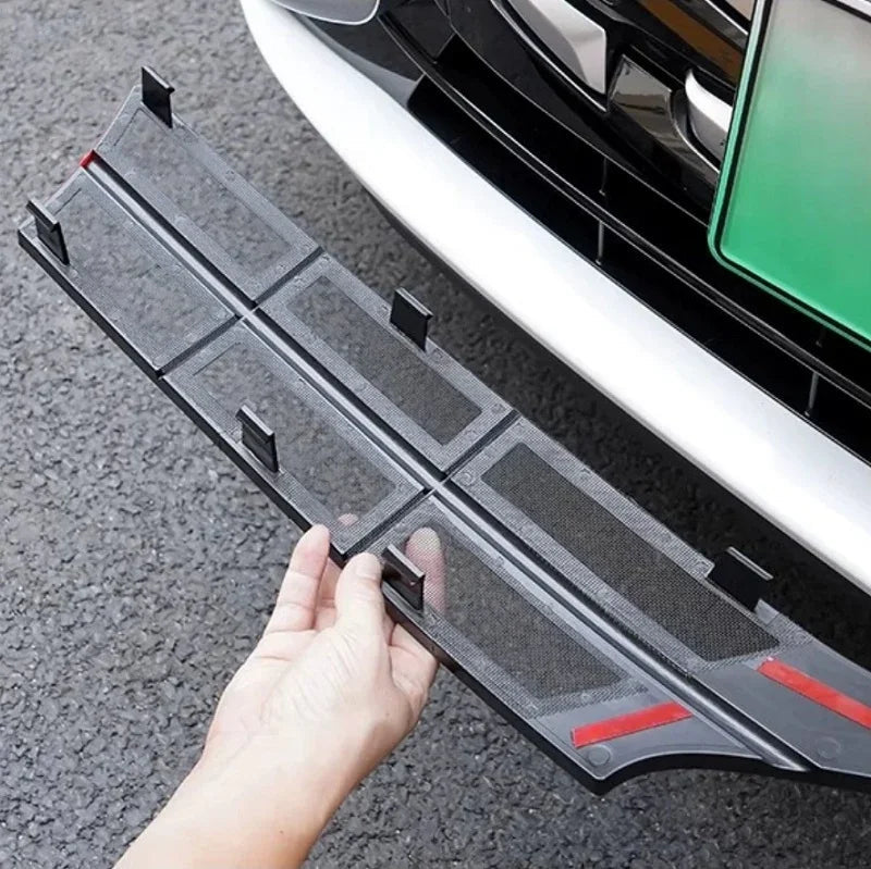Black carbon fiber texture front bumper grille guard with red accents for BYD protection.