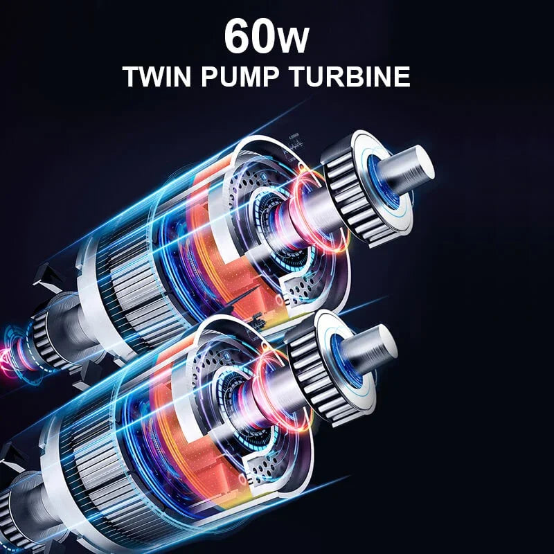60W twin pump turbine motor with metallic silver components and glowing blue light effects.
