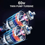60W twin pump turbine motor with metallic silver components and glowing blue light effects.