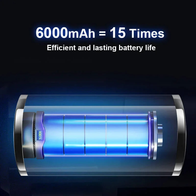 High-capacity 6000mAh blue cylindrical battery cell with efficient energy design.