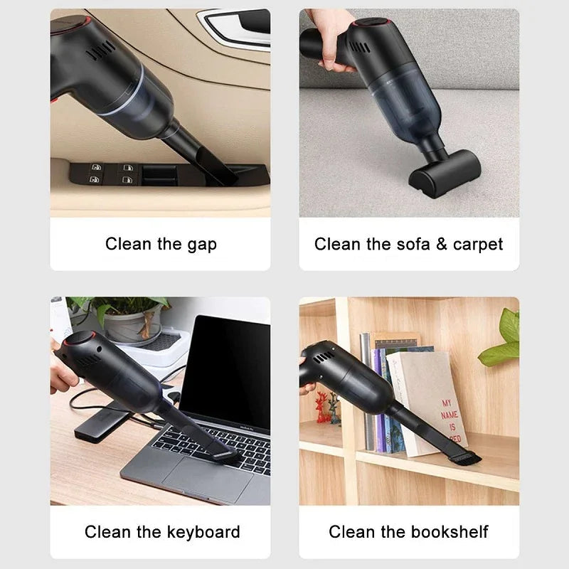 Black handheld cordless vacuum cleaner with transparent dust cup for cleaning gaps, sofas, and keyboards.
