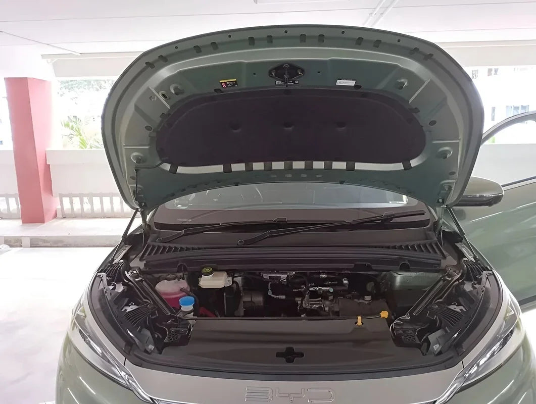 Open hood of a sage green BYD electric vehicle showing the detailed engine bay and components.