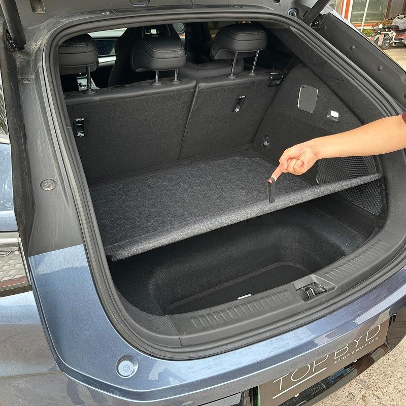 Black custom-fit felt trunk mat for BYD, providing durable cargo protection.