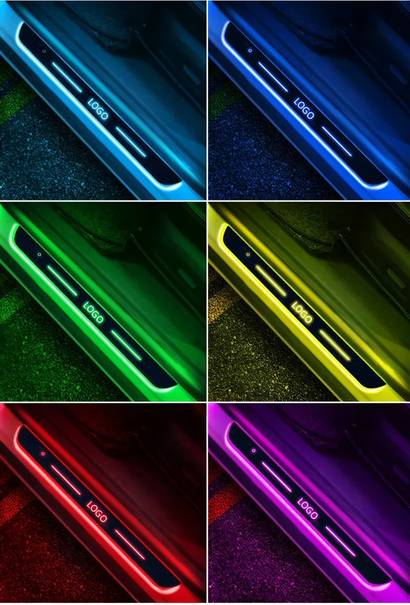 Multi-color LED door sill protector plates with custom logo illumination for BYD cars.