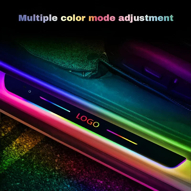 Customizable RGB LED door sill protector with multi-color mode adjustment for car interiors.