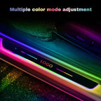 Customizable RGB LED door sill protector with multi-color mode adjustment for car interiors.