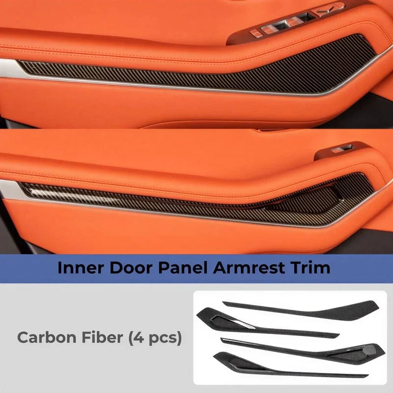 Carbon fiber inner door panel armrest trim set for orange car interior, 4-piece kit.