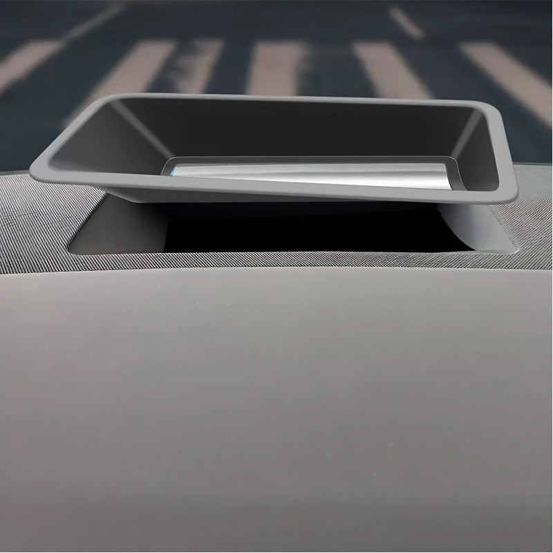 Sleek grey matte-finish car trunk organizer tray with a silver metallic accent strip.