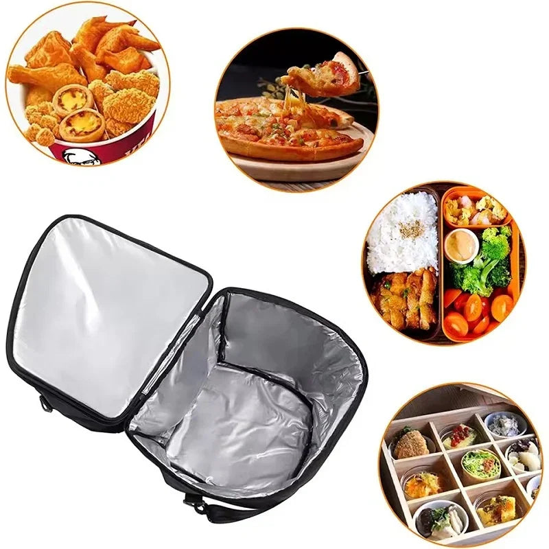 Silver insulated thermal food storage bag with various meal containers and snacks.