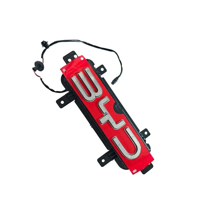 Red and silver metallic BYD car emblem accessory with wiring harness