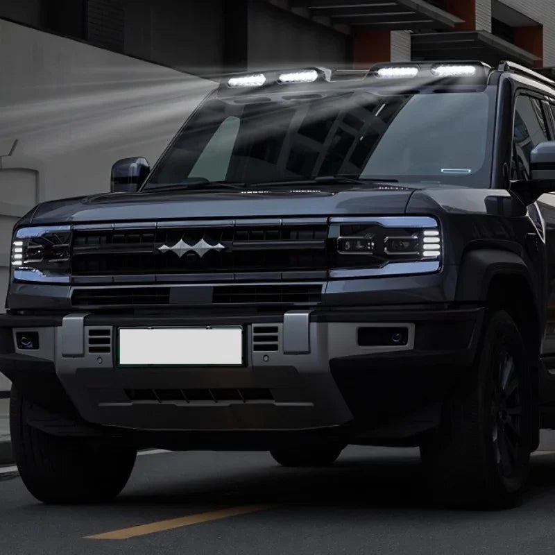 Black BYD SUV equipped with high-intensity LED roof light bars and front grille accent lights.