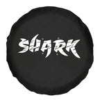 Black fabric spare tire cover featuring a bold white Shark graphic design.