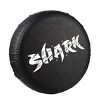 Black textured synthetic leather spare tire cover with white Shark graphic design.