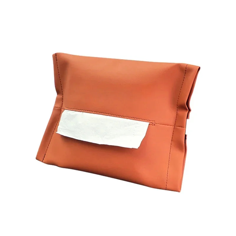 Premium orange faux leather car organizer pouch with a white label detail.