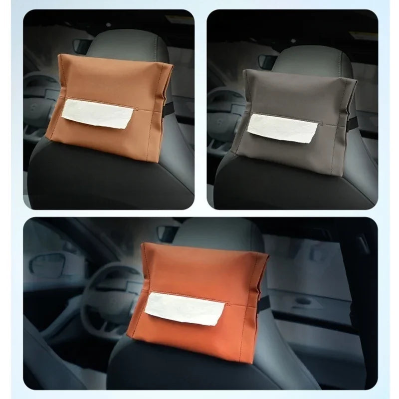 Set of three durable leather car seat back protectors in tan, grey, and brown colors.
