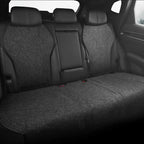 Professional grey textured fabric rear car seat covers with black leatherette accents.