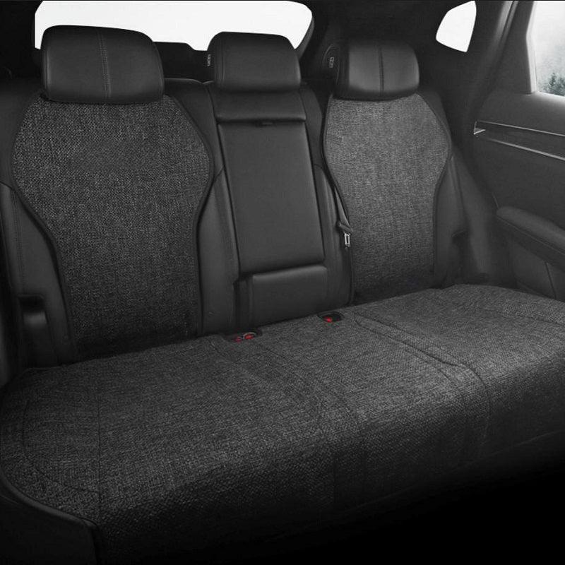 Professional grey textured fabric rear car seat covers with black leatherette accents.