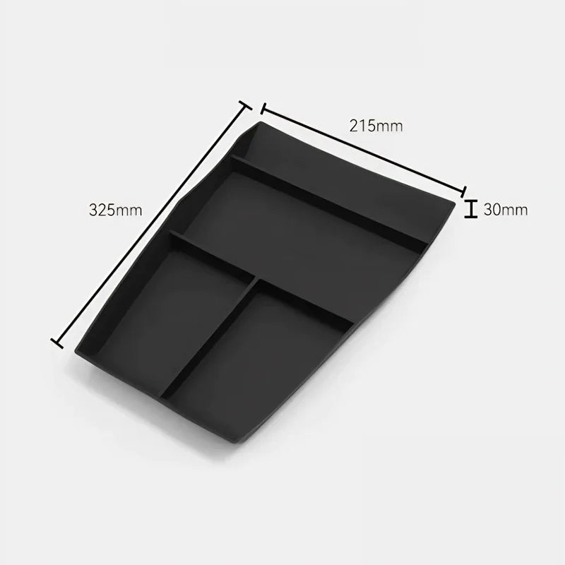 Black matte organizer tray with three compartments, measuring 325mm by 215mm by 30mm.