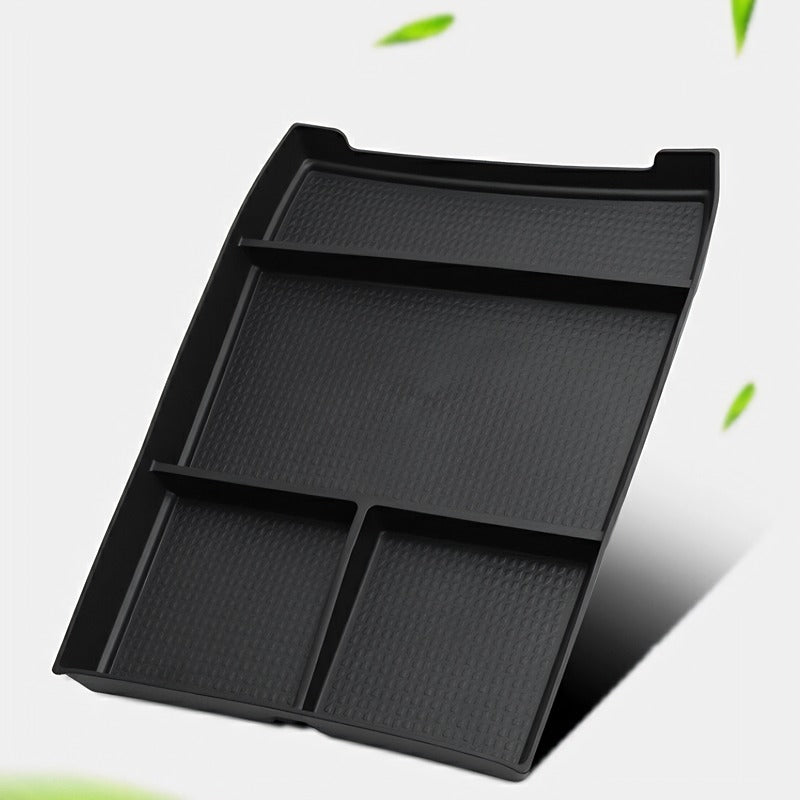 Black textured TPE center console organizer tray for BYD aftermarket storage.