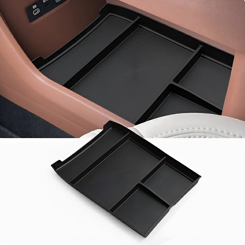 Black textured non-slip center console organizer tray for BYD car interior storage.