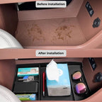 Black custom-fit protective tray installed in a car center console to prevent stains and wear.