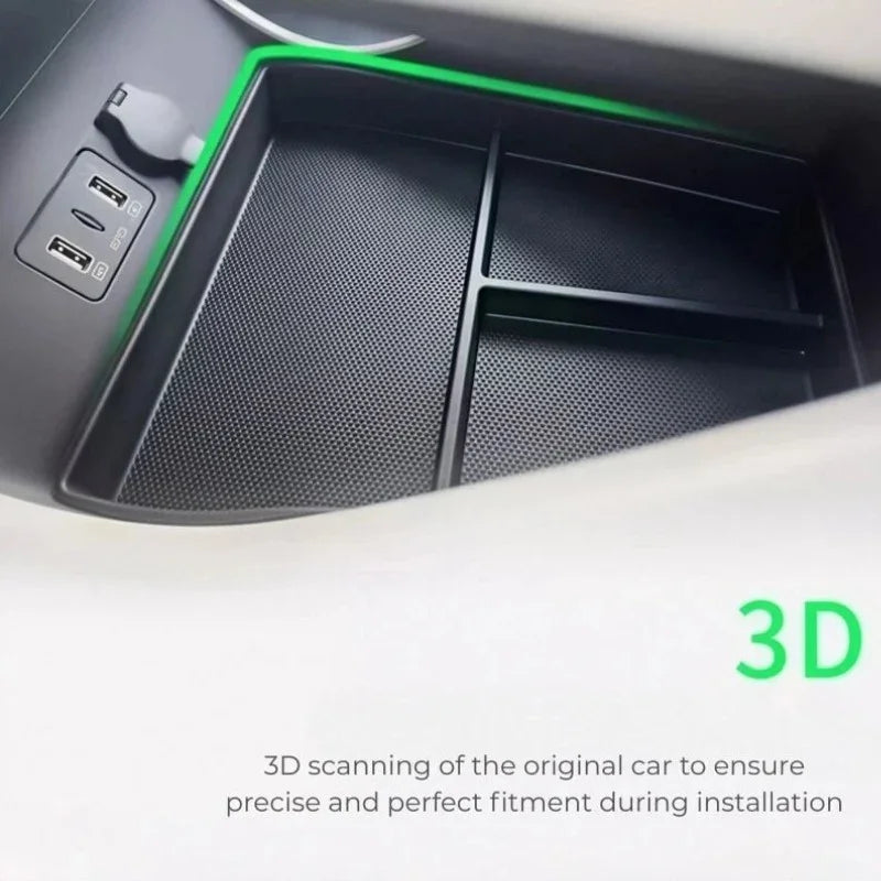 Black 3D-scanned precision-fit center console organizer tray with non-slip textured surface.