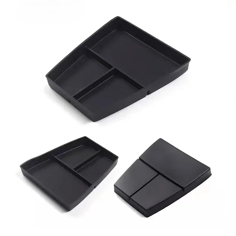 Black multi-compartment silicone car organizer tray for BYD interior storage.