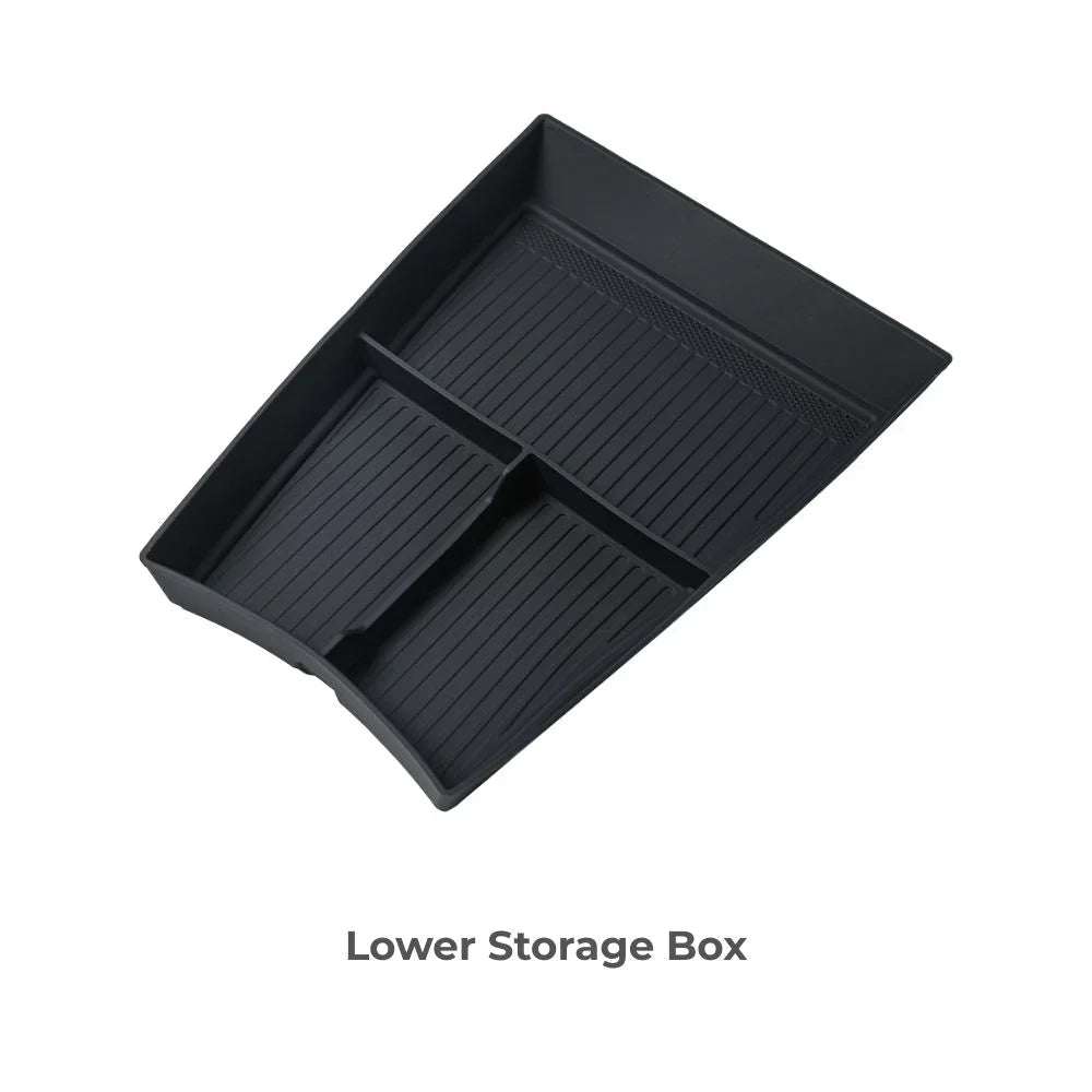 Black matte plastic lower storage box with ridged compartments for BYD car interior organization