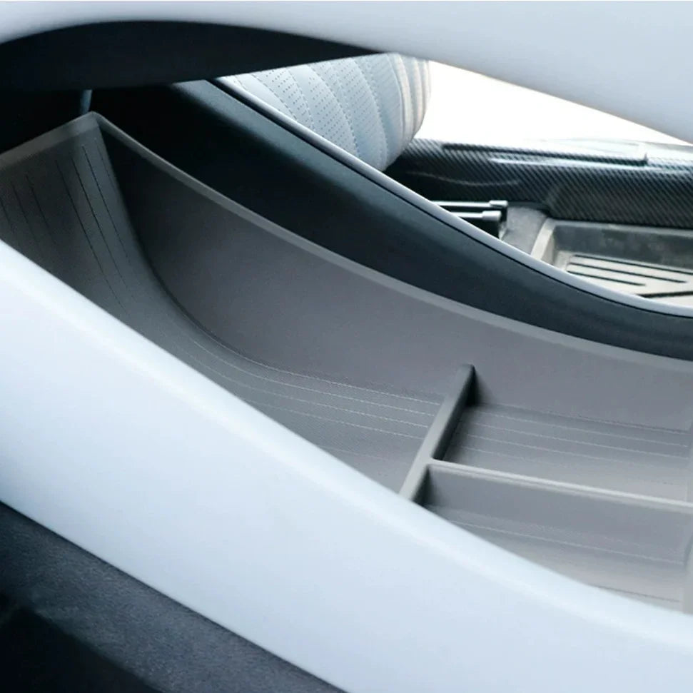 Grey custom-fit TPE car storage tray for organized BYD interior compartment protection.